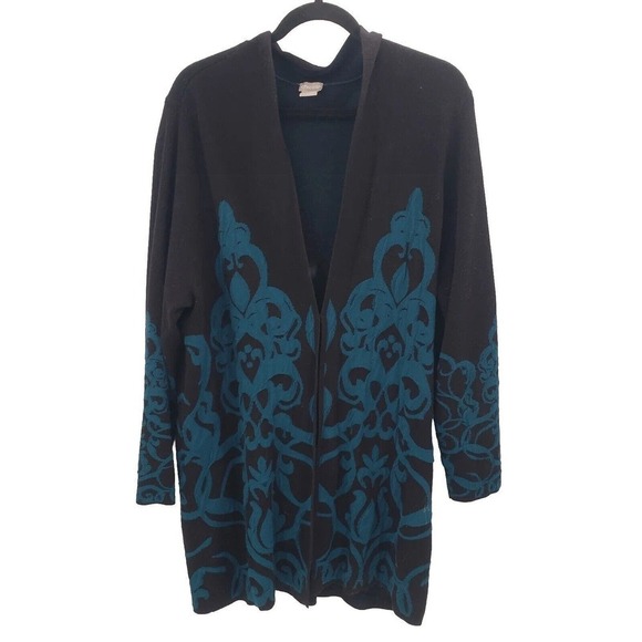 Chico's Scroll Print Sweater Cardigan Womens XL 3 Black Teal Blue Longline Tunic - Picture 2 of 12